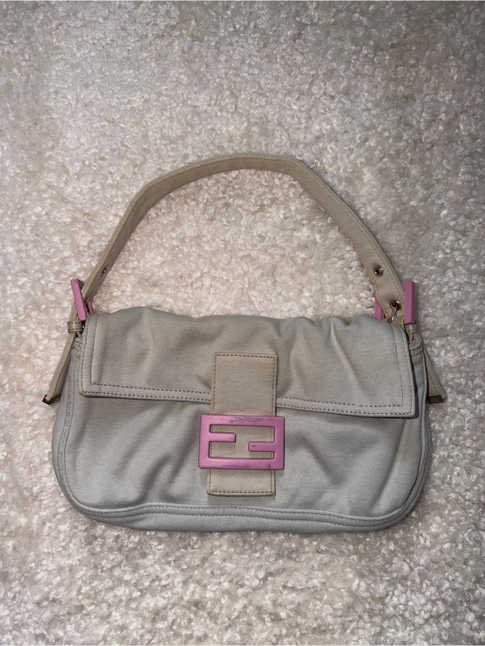 Fendi Beige Baguette with Pink Logo Hardware